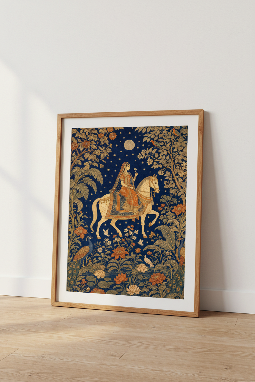 Indian Princess on Horse Wall Art | Mughal Style Navy Decor | Exotic Boho Poster