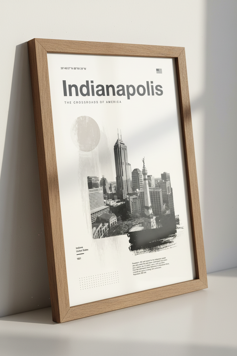 Indianapolis Skyline Wall Art | Minimalist BW City Poster, Office Decor
