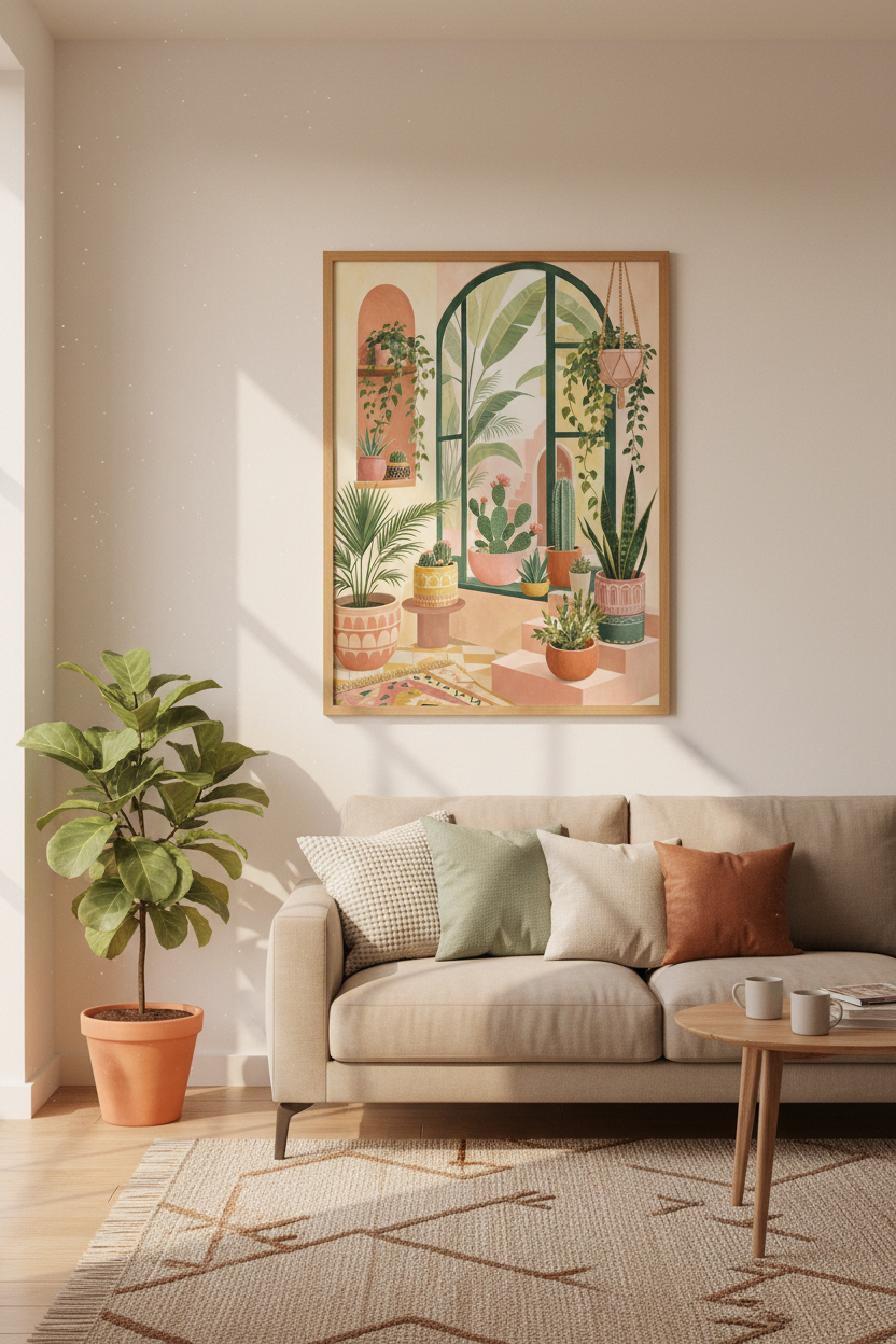 Boho Botanical Cactus Garden Print | Desert Oasis Decor, Earthy Terracotta Poster