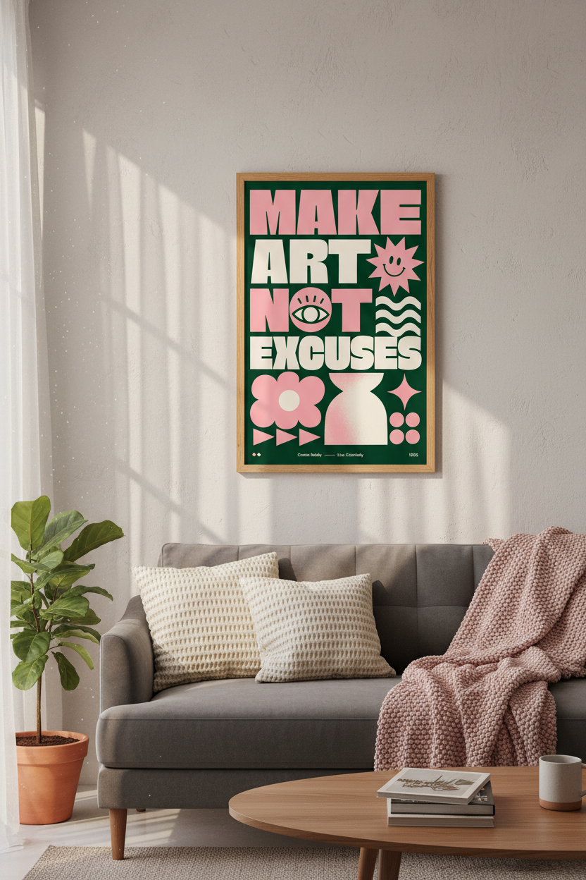 Make Art Not Excuses Print | Retro Green Pink Typography Decor | Studio Poster