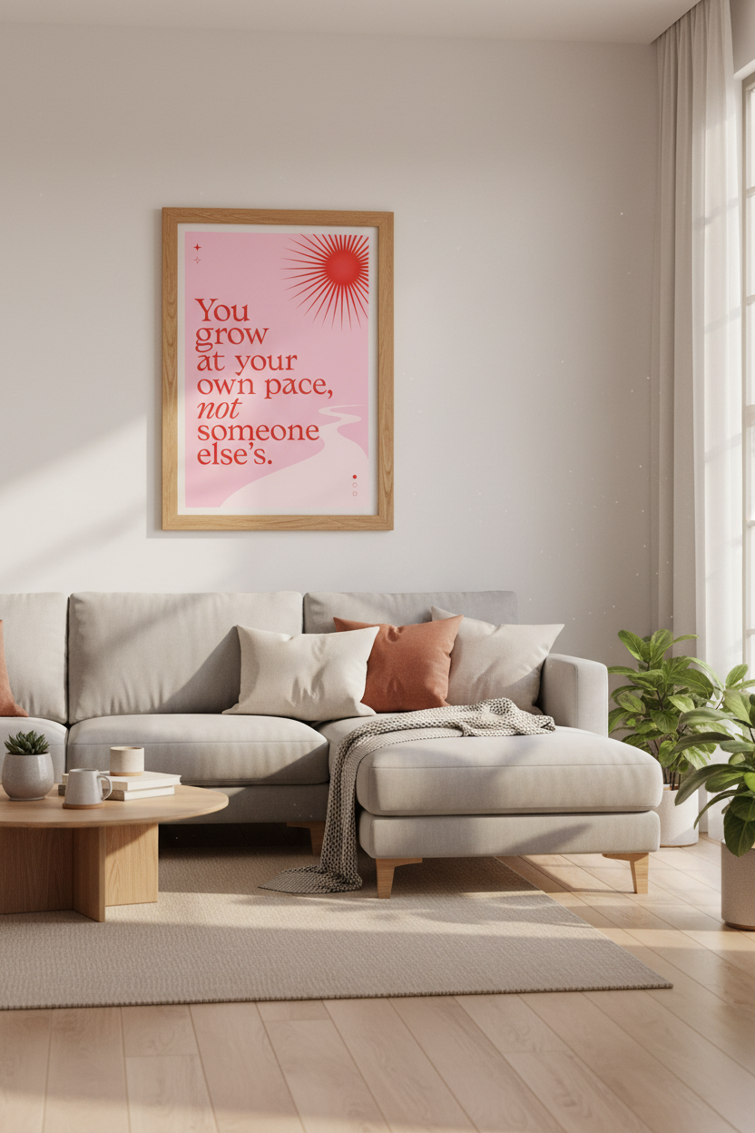 You Grow At Your Own Pace Quote Wall Art | Pink Retro Sun Print, Office Decor