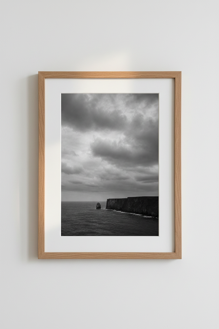 Moody Ocean Wall Art Print | Black and White Coastal Cliffs, Minimalist Decor