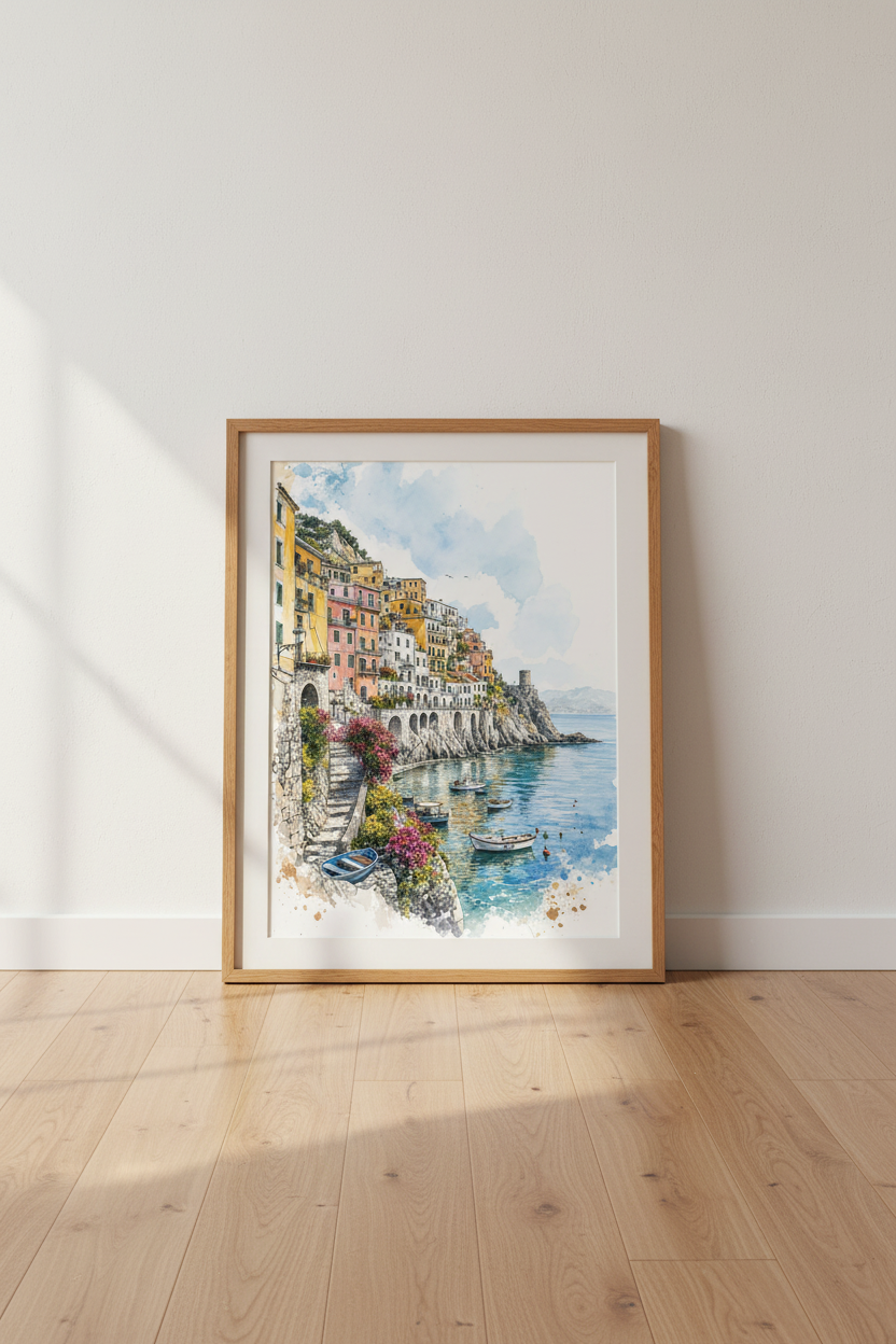 Amalfi Coast Italy Watercolor Wall Art | Coastal Room Decor | Mediterranean Poster