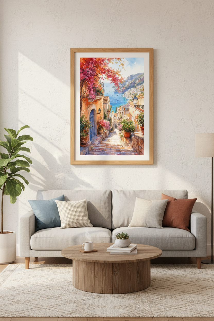 Positano Amalfi Coast Wall Art | Italy Watercolor Poster, Mediterranean Home Decor