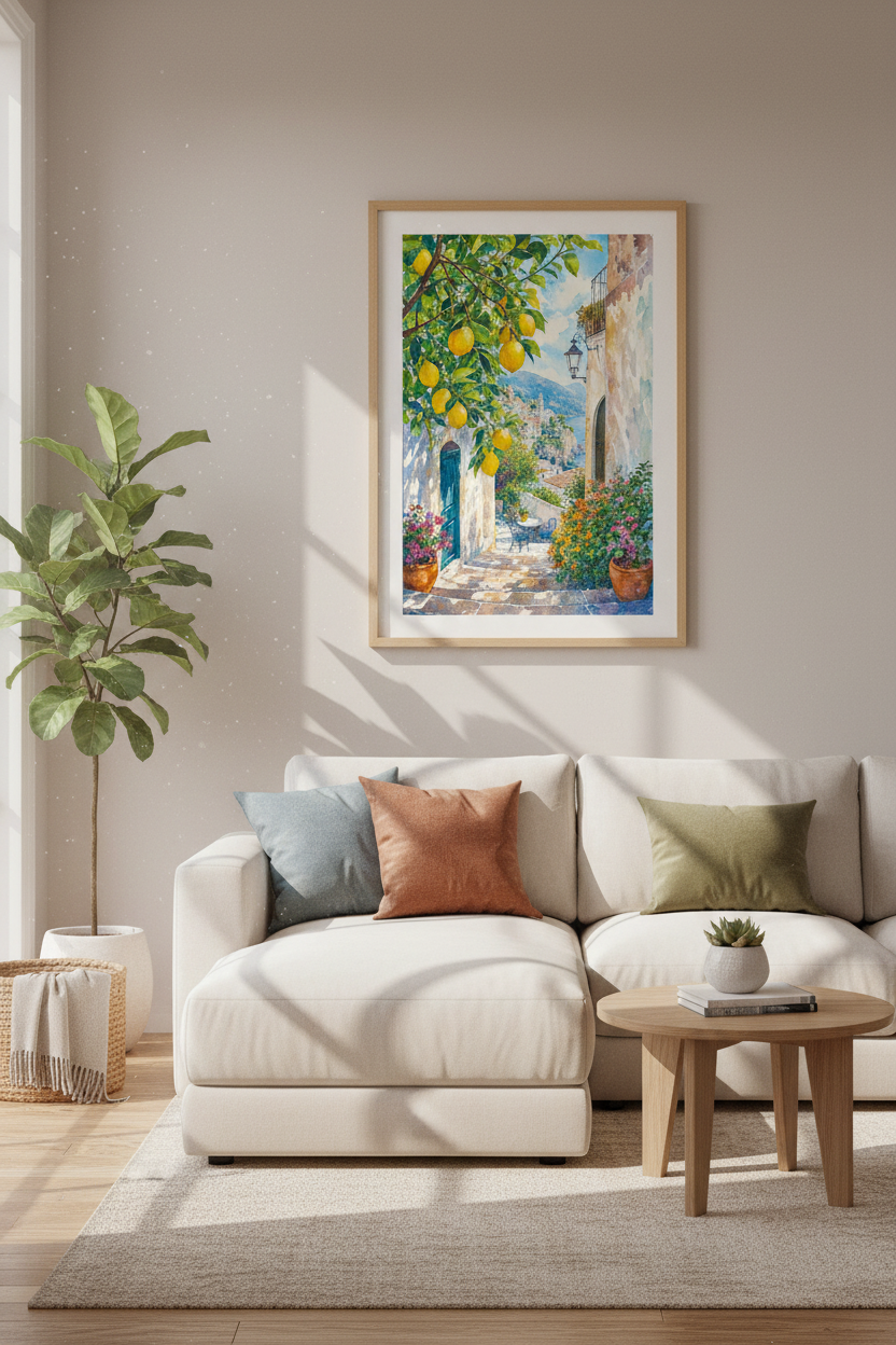 Amalfi Lemon Tree Watercolor | Mediterranean Coastal View, Italian Summer Decor