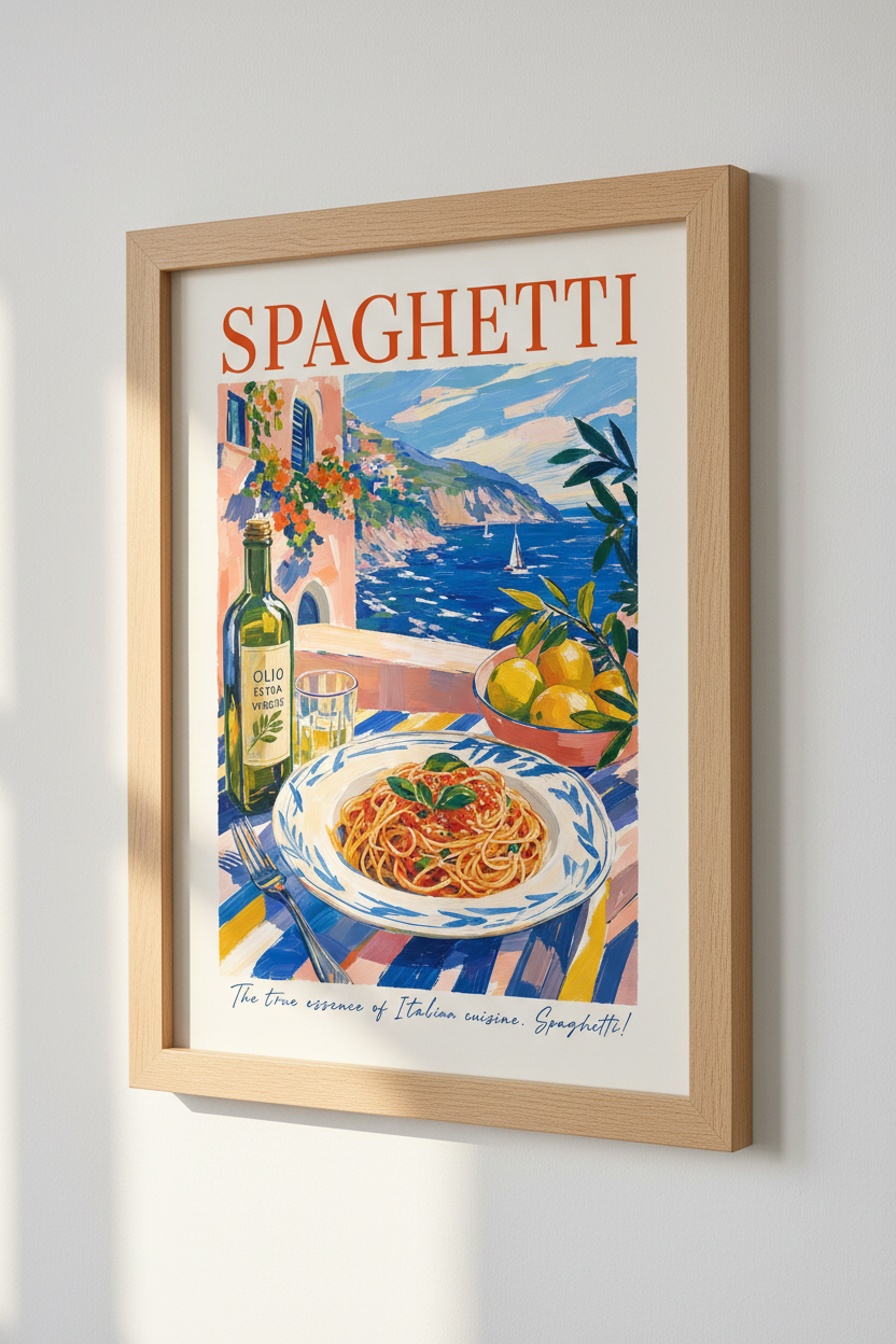 Italian Spaghetti Wall Art Print | Amalfi Coast Kitchen Decor | Mediterranean Poster