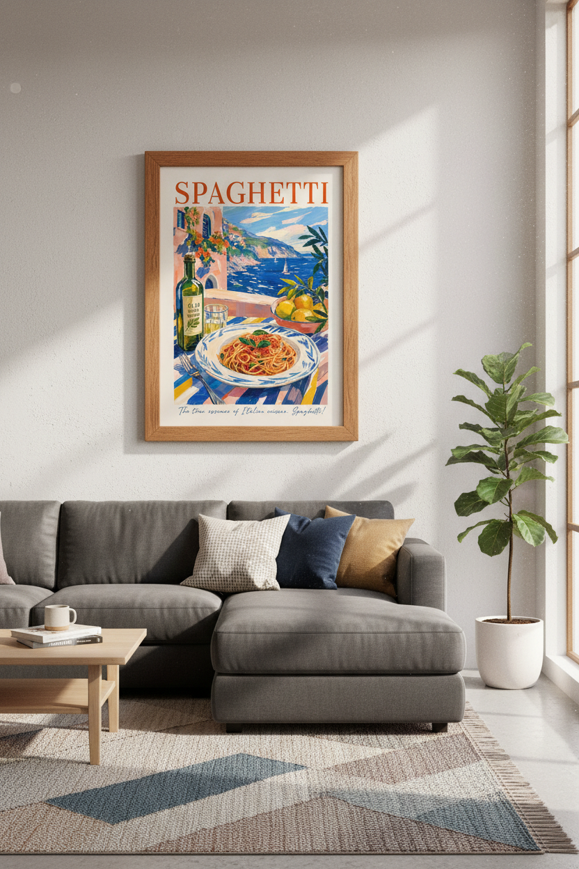 Italian Spaghetti Wall Art Print | Amalfi Coast Kitchen Decor | Mediterranean Poster