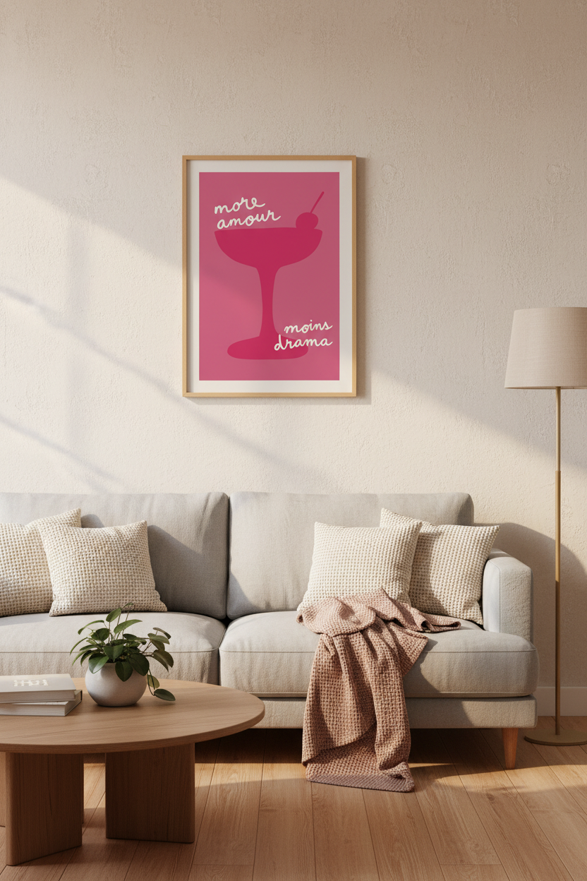 More Amour Moins Drama Wall Art | Pink Cocktail Decor | Modern Chic Poster