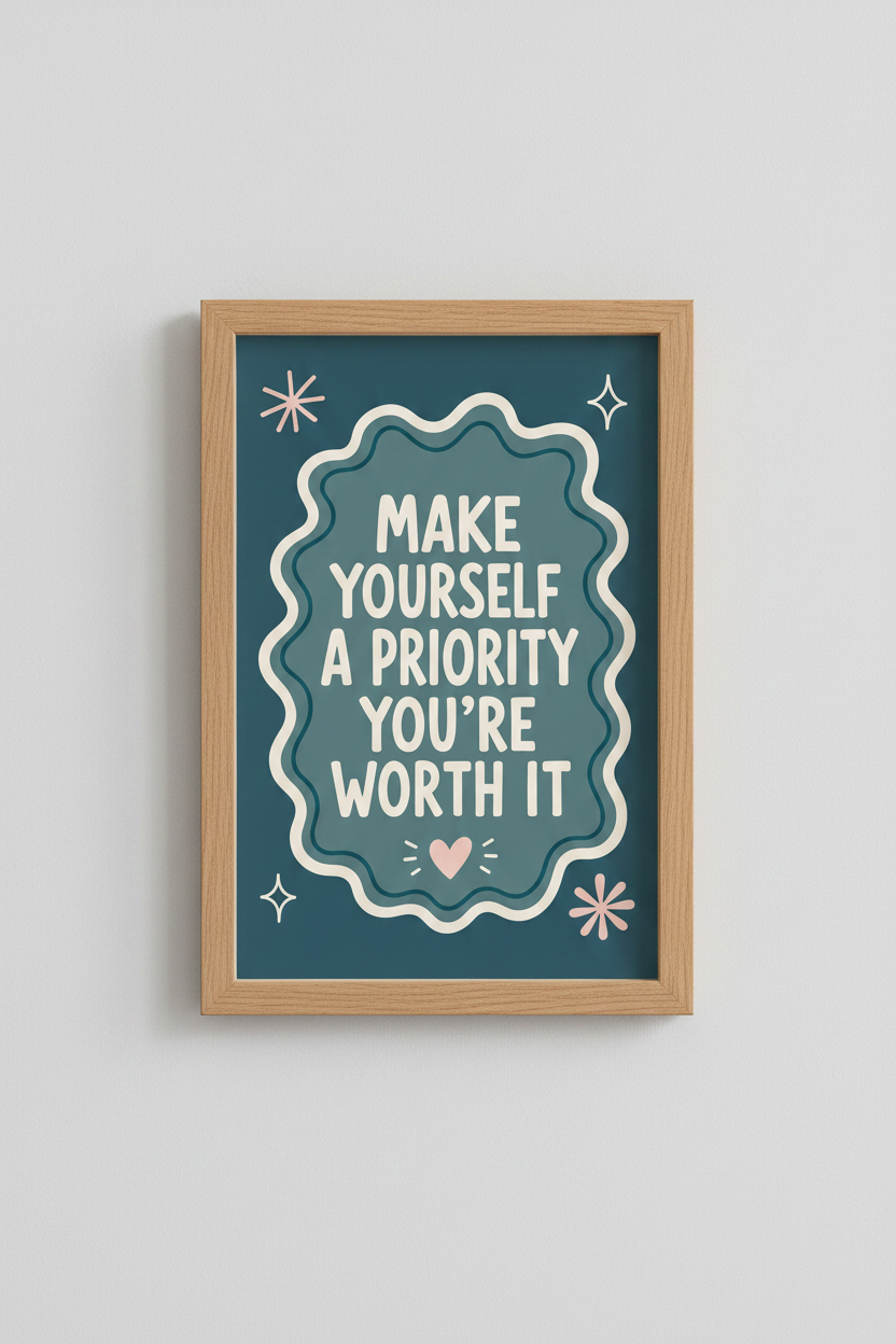 Self Care Quote Wall Art Print | Teal Neutral Room Decor | Retro Aesthetic Poster