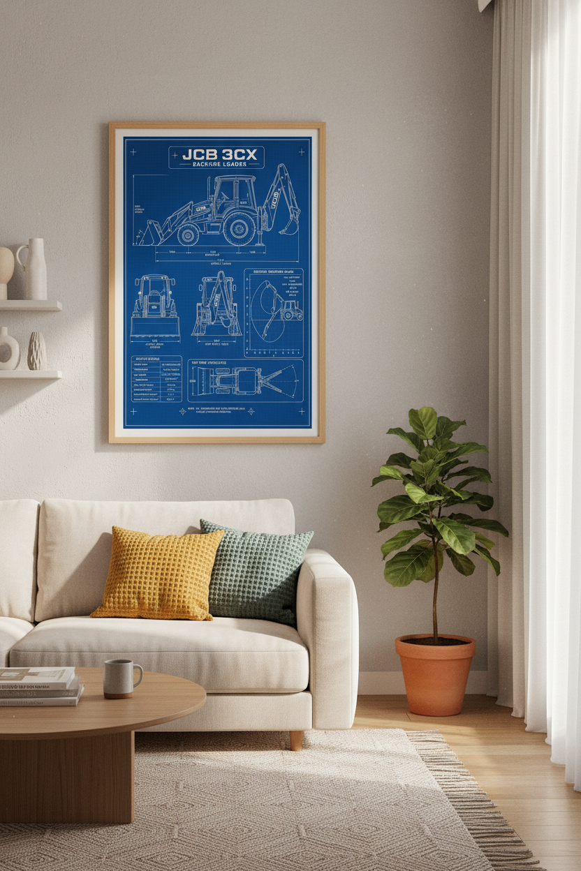 JCB 3CX Backhoe Loader Blueprint | Industrial Blue Technical Drawing, Office Wall Decor