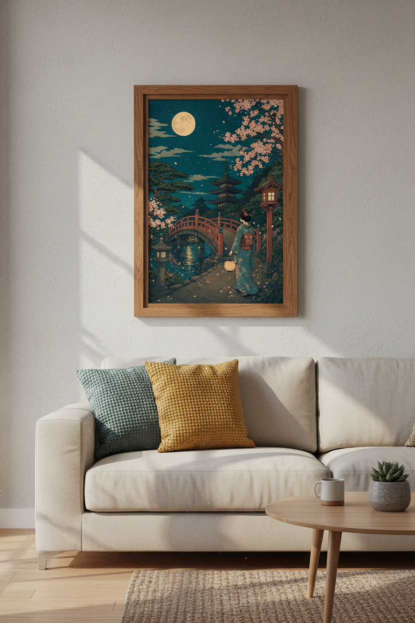 Japanese Moonlit Garden Wall Art | Kyoto Pagoda & Cherry Blossoms, Zen Oriental Poster