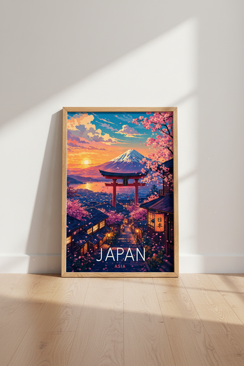 Mount Fuji Japan Travel Poster | Cherry Blossom Pink Landscape, Home Decor