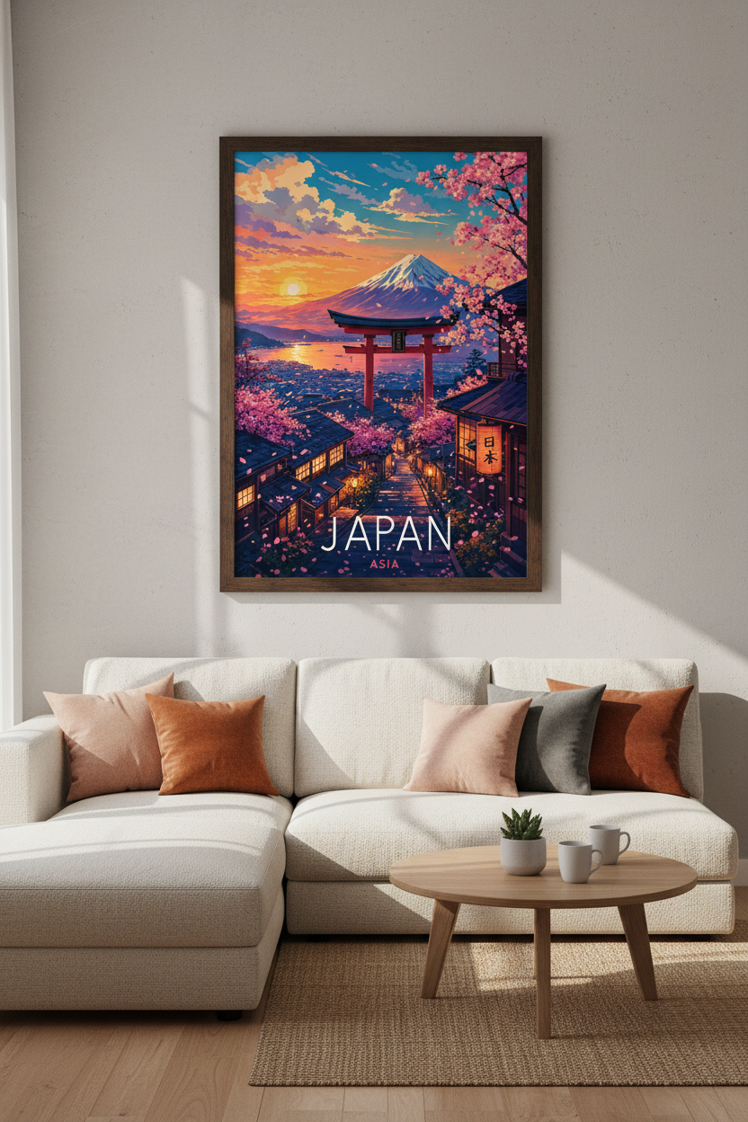 Mount Fuji Japan Travel Poster | Cherry Blossom Pink Landscape, Home Decor
