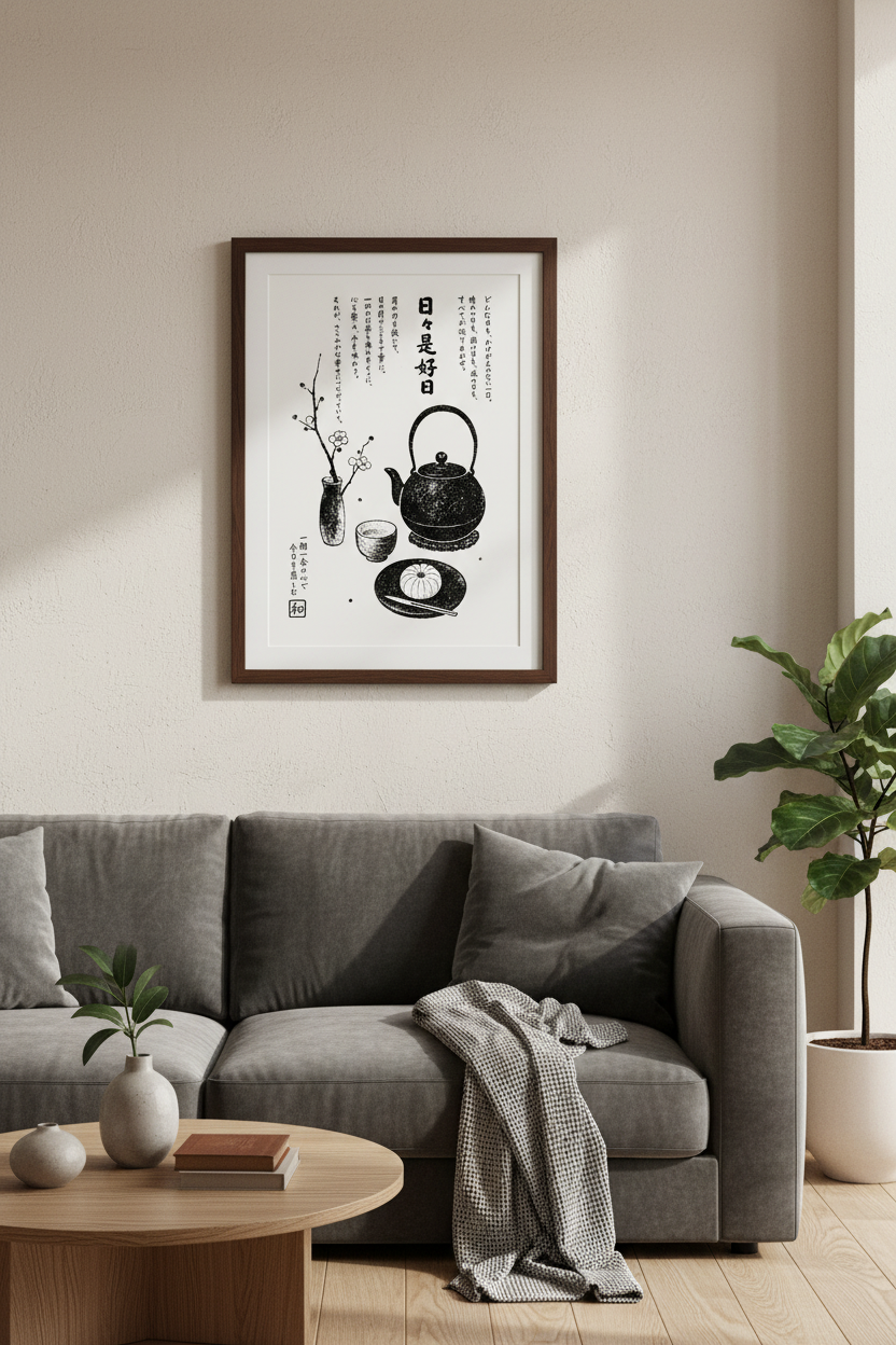 Japanese Zen Tea Ceremony Wall Art | Minimalist Black & White Print, Japandi Home Decor