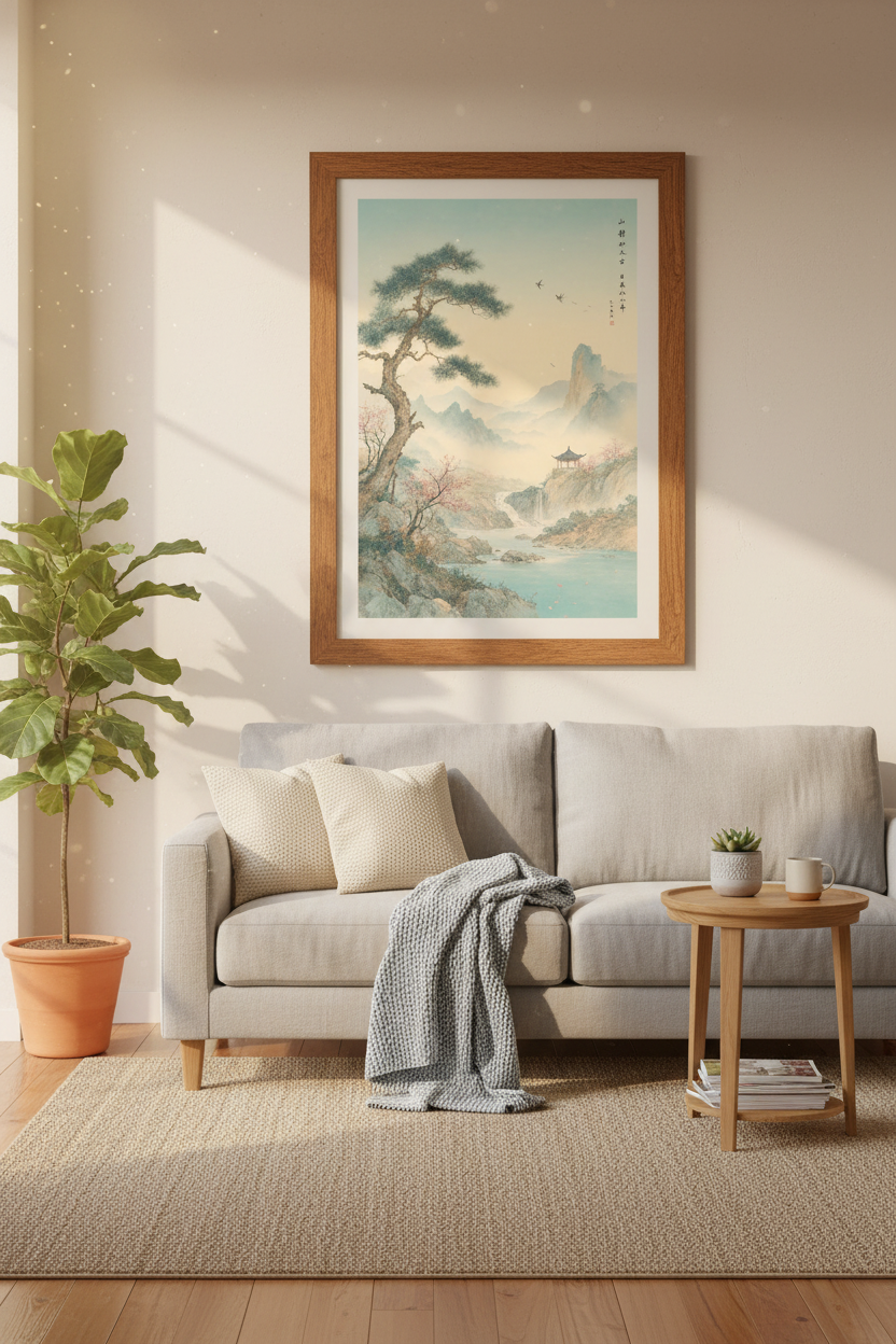 Japanese Landscape Wall Art | Mountain Pagoda Print, Zen Nature Decor