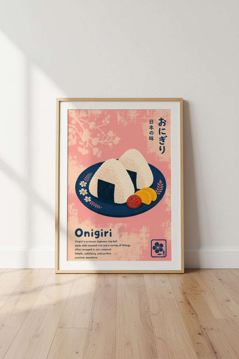 Japanese Food Poster | Onigiri Rice Ball Print, Kitchen Decor | Retro Aesthetic Art