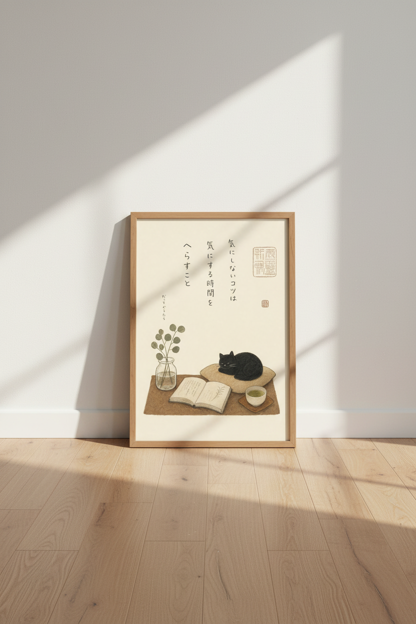 Japanese Black Cat Print | Minimalist Zen Wall Art, Reading Nook Decor