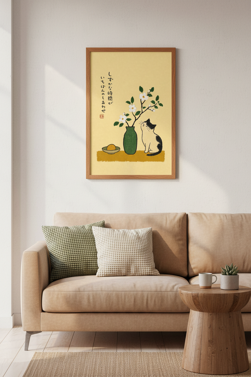 Japanese Cat & Flower Wall Art Print | Boho Zen Home Decor | Minimalist Poster