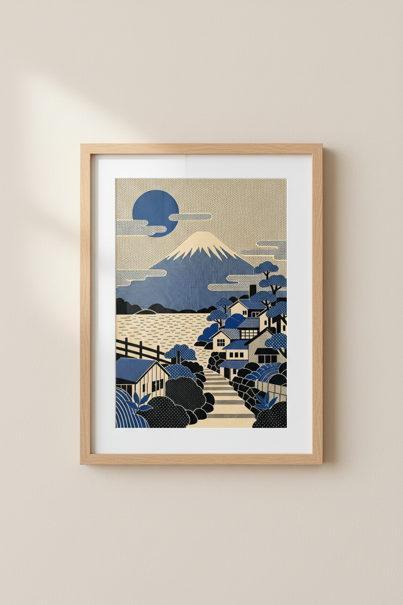 Mount Fuji wall art | Navy blue tones, coastal living decor