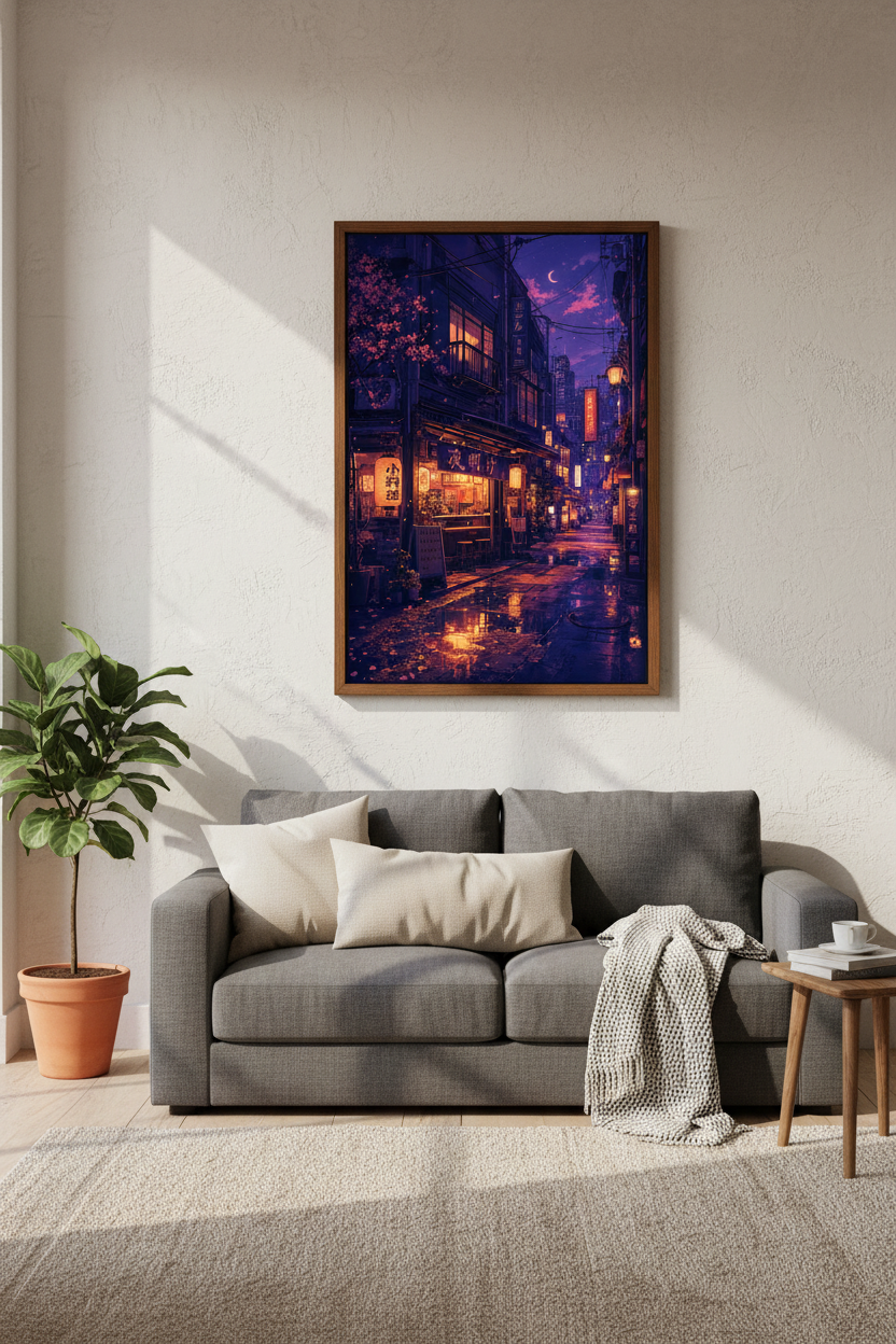 Japanese Street Night Wall Art | Purple Cyberpunk Tokyo Poster, Lo-Fi Room Decor