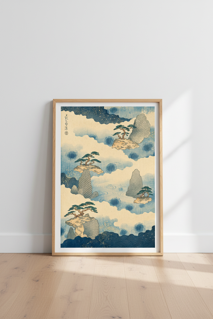 Japanese Floating Island Wall Art | Indigo Blue Pine Tree Poster, Zen Decor
