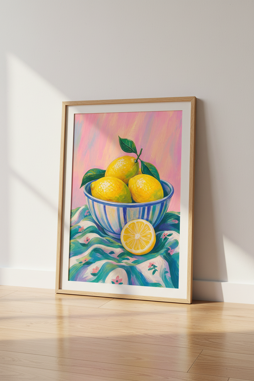 Lemon Fruit Bowl Art | Mediterranean Citrus Print, Kitchen Decor Poster