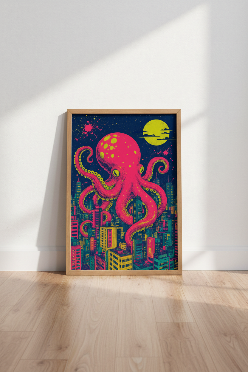 Giant Octopus Cityscape Wall Art | Neon Pink & Blue Surreal Poster, Game Room Decor