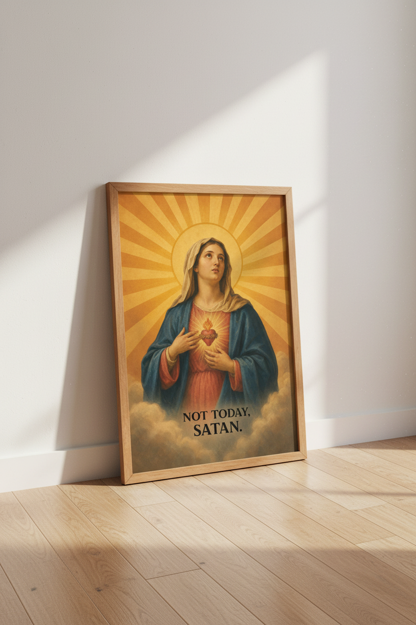 Virgin Mary Not Today Satan Wall Art | Funny Religious Poster, Catholic Home Decor