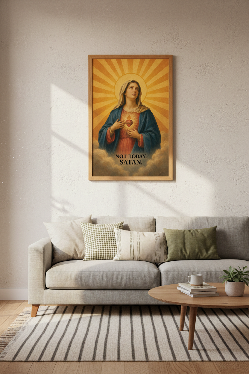 Virgin Mary Not Today Satan Wall Art | Funny Religious Poster, Catholic Home Decor