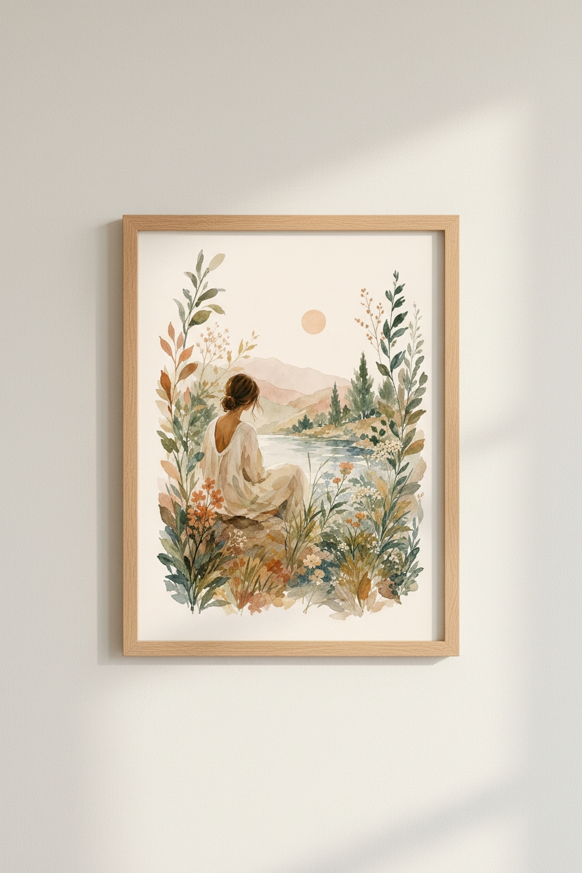 Boho Watercolor Art Print | Serene Mountain Lake Decor | Earthy Aesthetic Poster