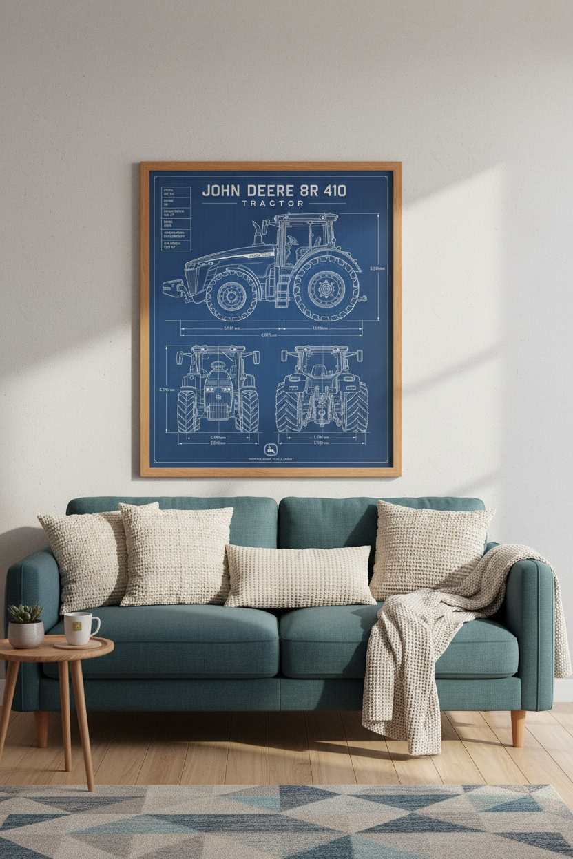John Deere 8R 410 Tractor Blueprint Wall Art | Farmhouse Decor | Industrial Poster