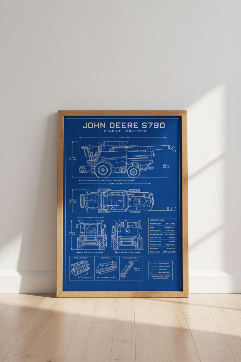 Combine Harvester Blueprint | John Deere S790 Technical Poster, Farmhouse Wall Art