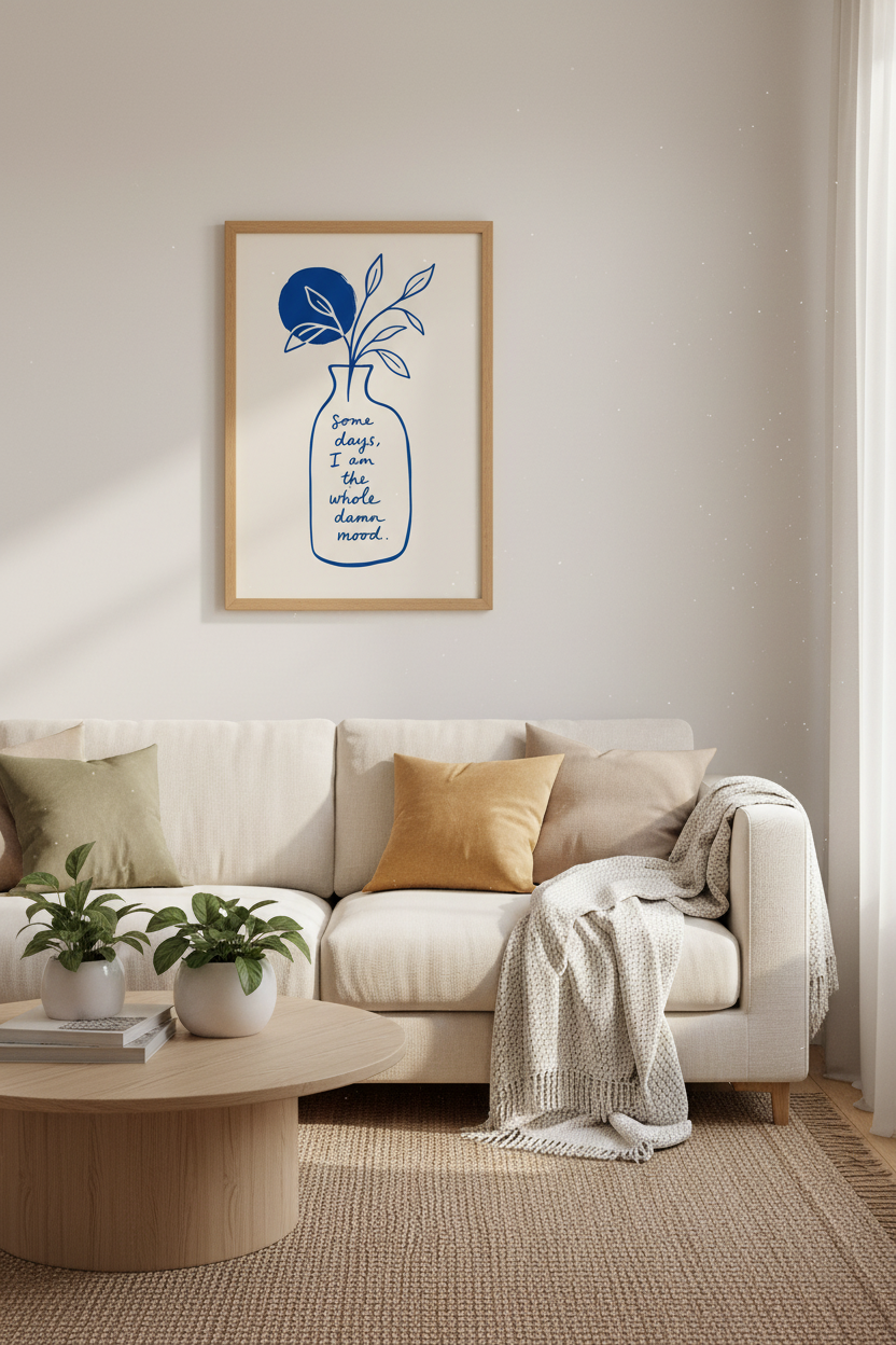 Blue Line Art Print | Minimalist Botanical Poster, Modern Mood Quote Wall Decor
