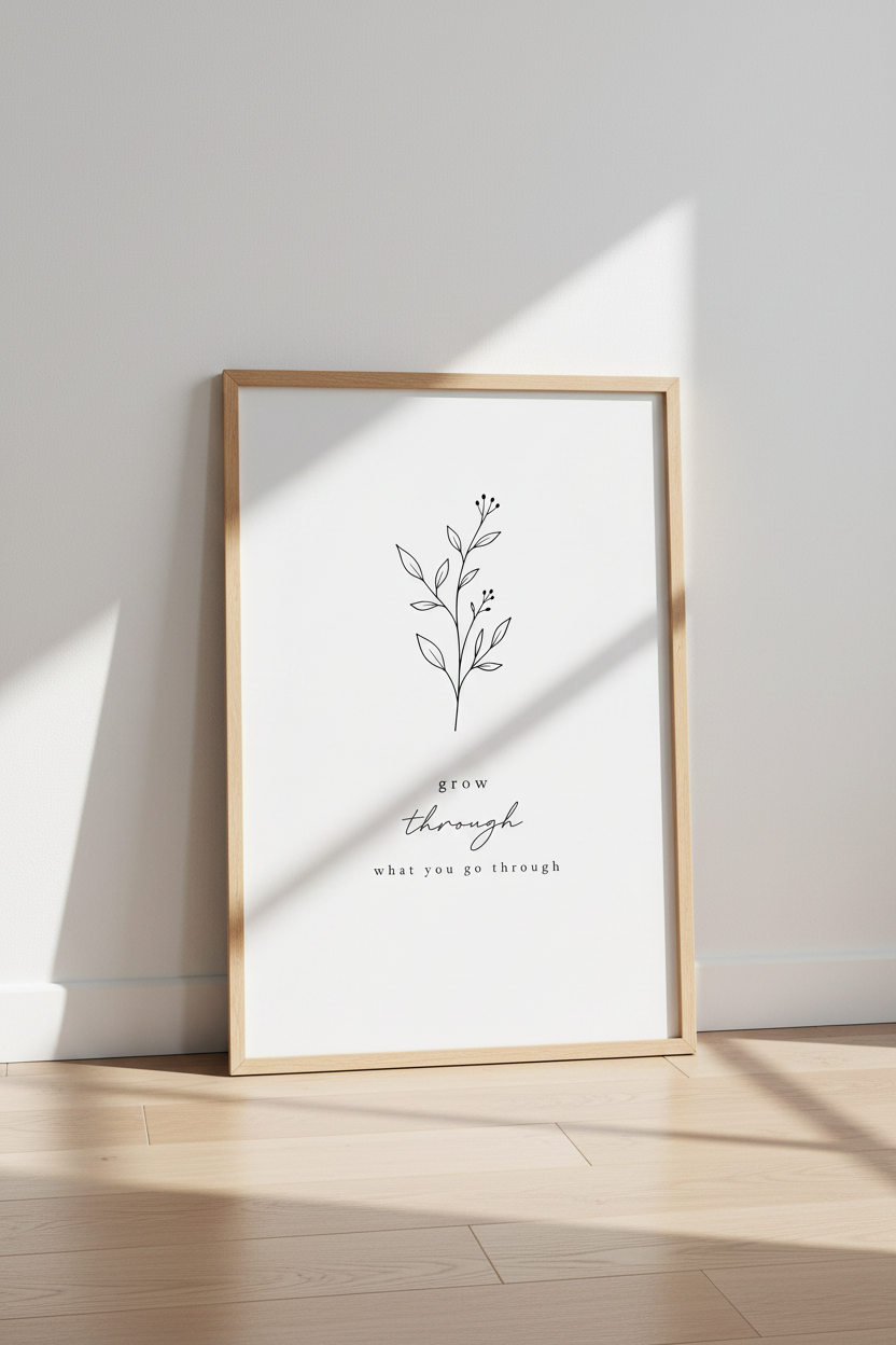 Grow Through What You Go Through | Botanical Line Art, Minimalist Quote Poster