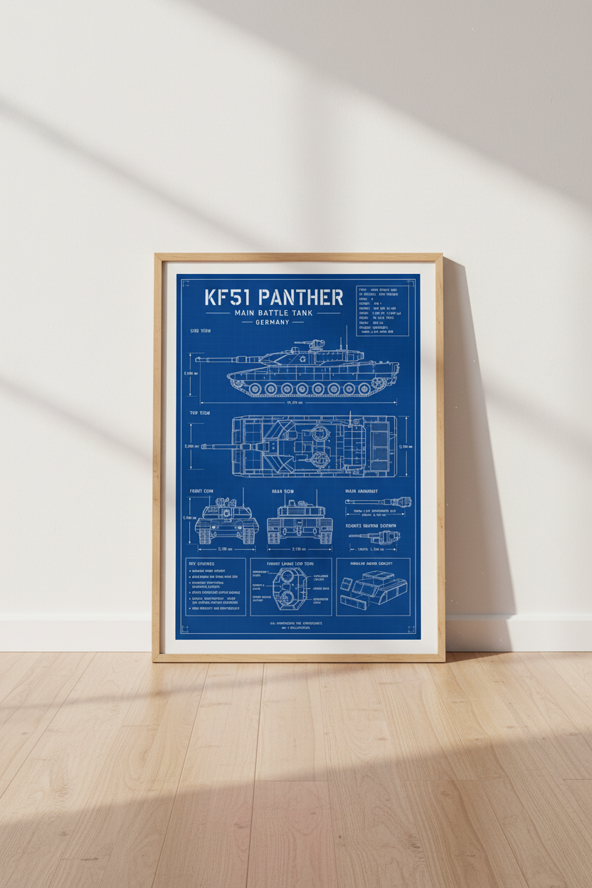 KF51 Panther Tank Blueprint Wall Art | Military Technical Poster, Office Decor