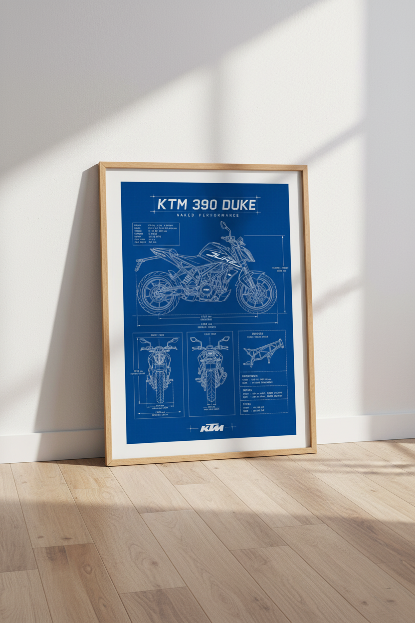 KTM 390 Duke Blueprint Wall Art Print | Garage Decor | Industrial Motorcycle Poster