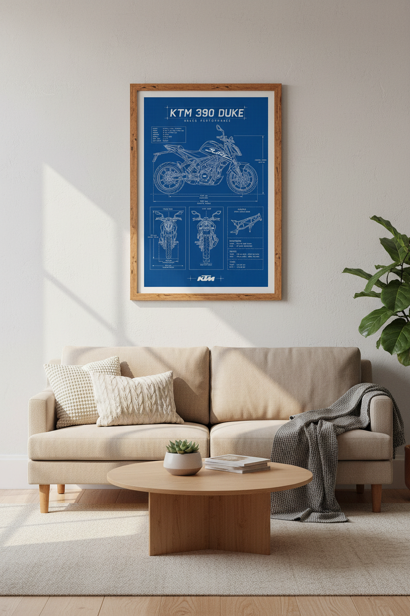 KTM 390 Duke Blueprint Wall Art Print | Garage Decor | Industrial Motorcycle Poster