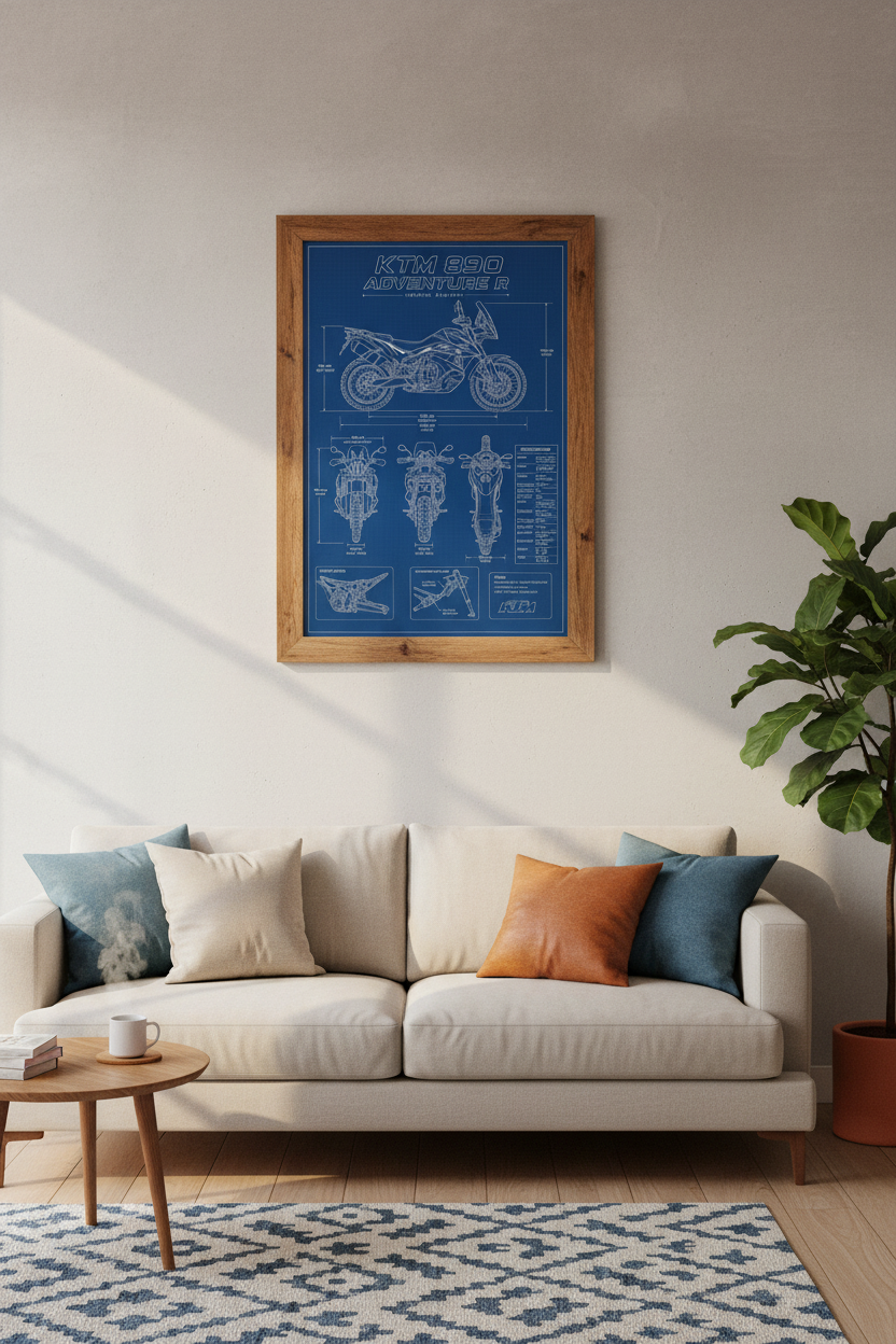 KTM 890 Adventure R Bike Blueprint | Technical Motorcycle Wall Art, Garage Decor Design
