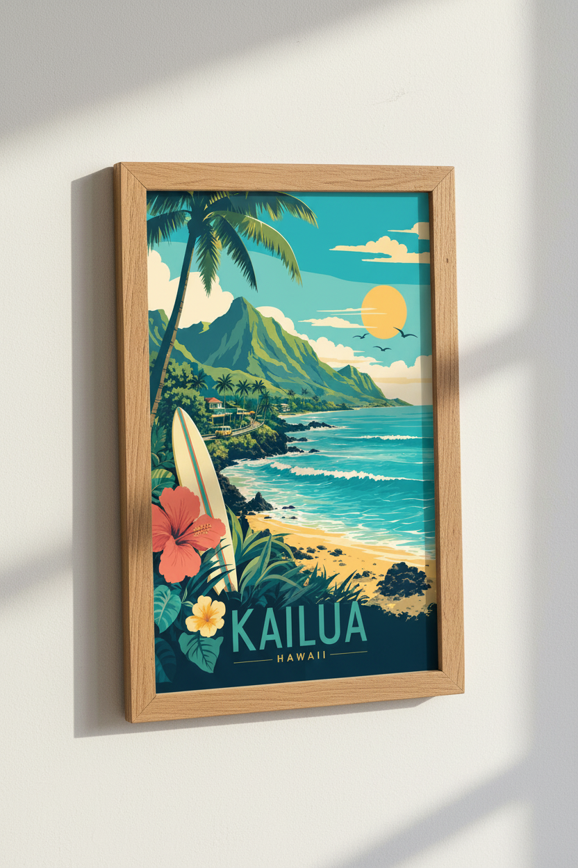 Kailua Hawaii Travel Poster | Vintage Retro Surf Print | Coastal Wall Art