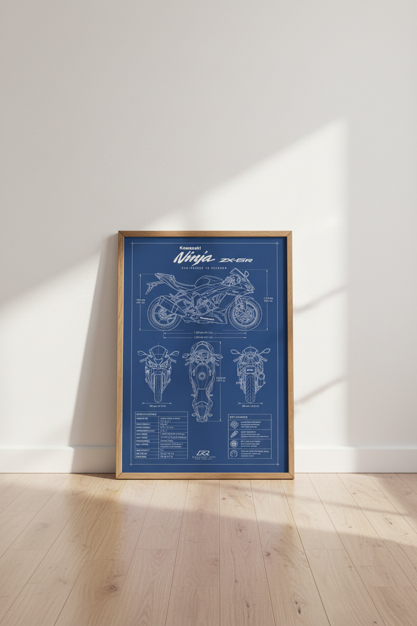 Kawasaki Ninja ZX-6R Blueprint Wall Art | Blue Technical Poster, Garage Decor