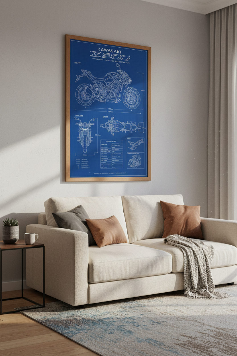 Kawasaki Z900 Blueprint Wall Art | Motorcycle Technical Poster, Garage Decor