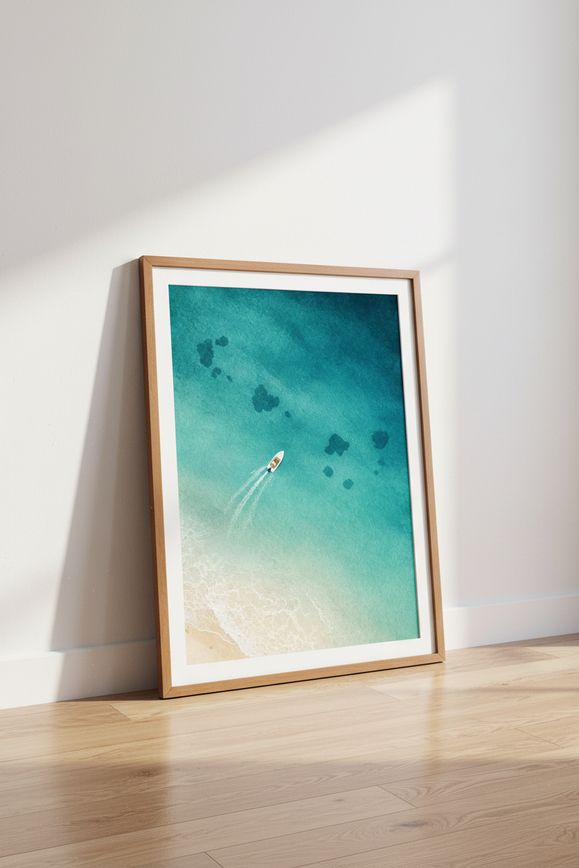 Aerial Ocean Boat Print | Teal Beach Photography, Modern Coastal Wall Art