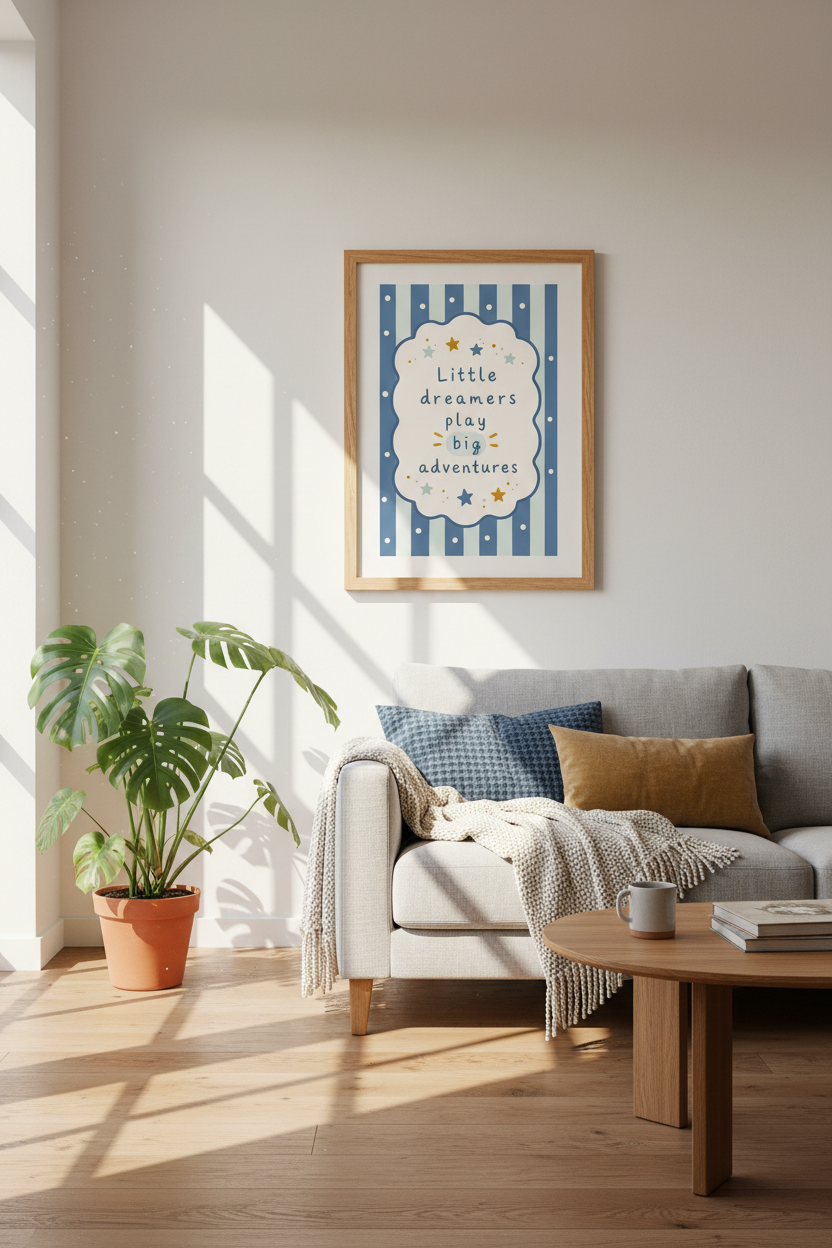 Little Dreamers Wall Art | Blue Stripe Nursery Decor | Adventure Stars Poster