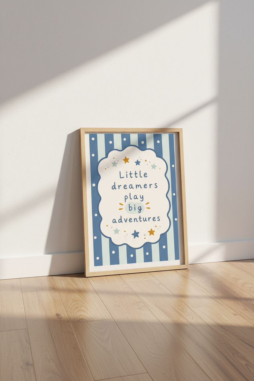 Little Dreamers Wall Art | Blue Stripe Nursery Decor | Adventure Stars Poster