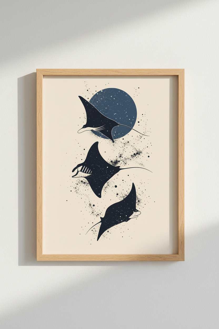 Celestial Manta Ray Art Print | Navy Blue Moon Poster | Sea Life Wall Decor