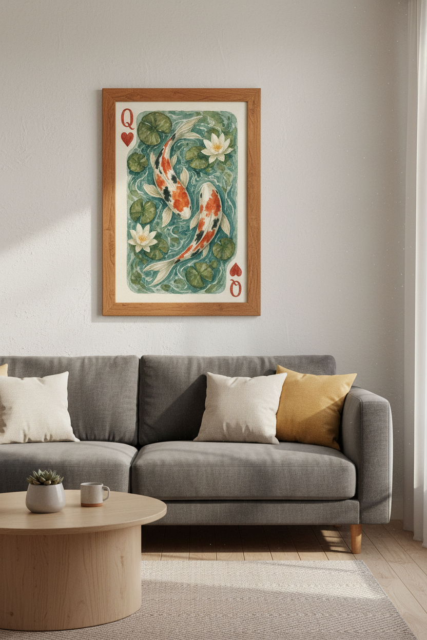 Koi Fish Queen of Hearts Wall Art | Watercolor Pond Decor | Whimsical Poster