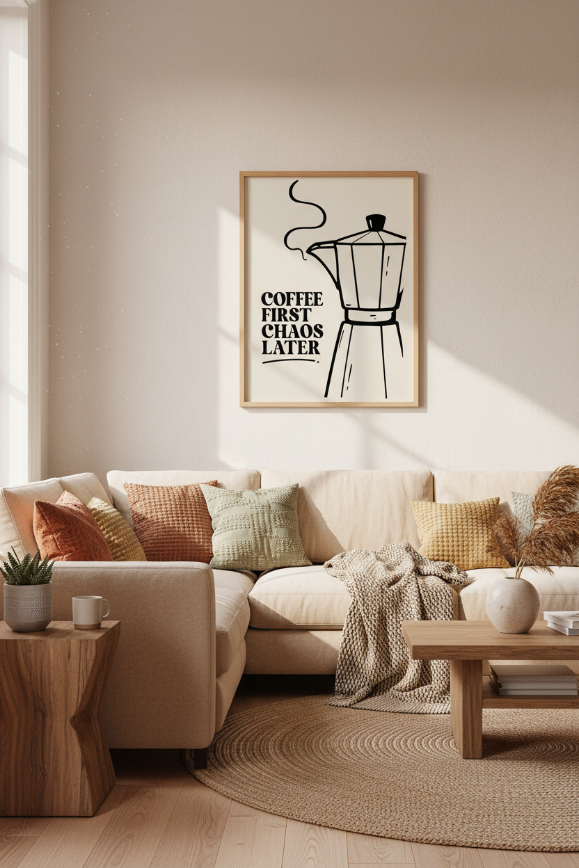 Coffee First Chaos Later Wall Art | Moka Pot Kitchen Decor | Minimalist Poster
