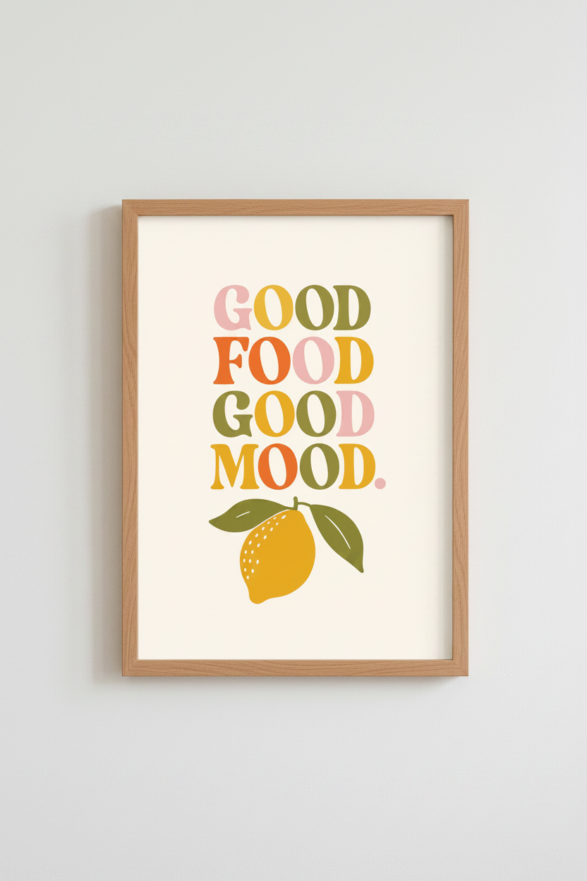 Good Food Good Mood Kitchen Wall Art | Retro Lemon Poster, Colorful Dining Room Decor