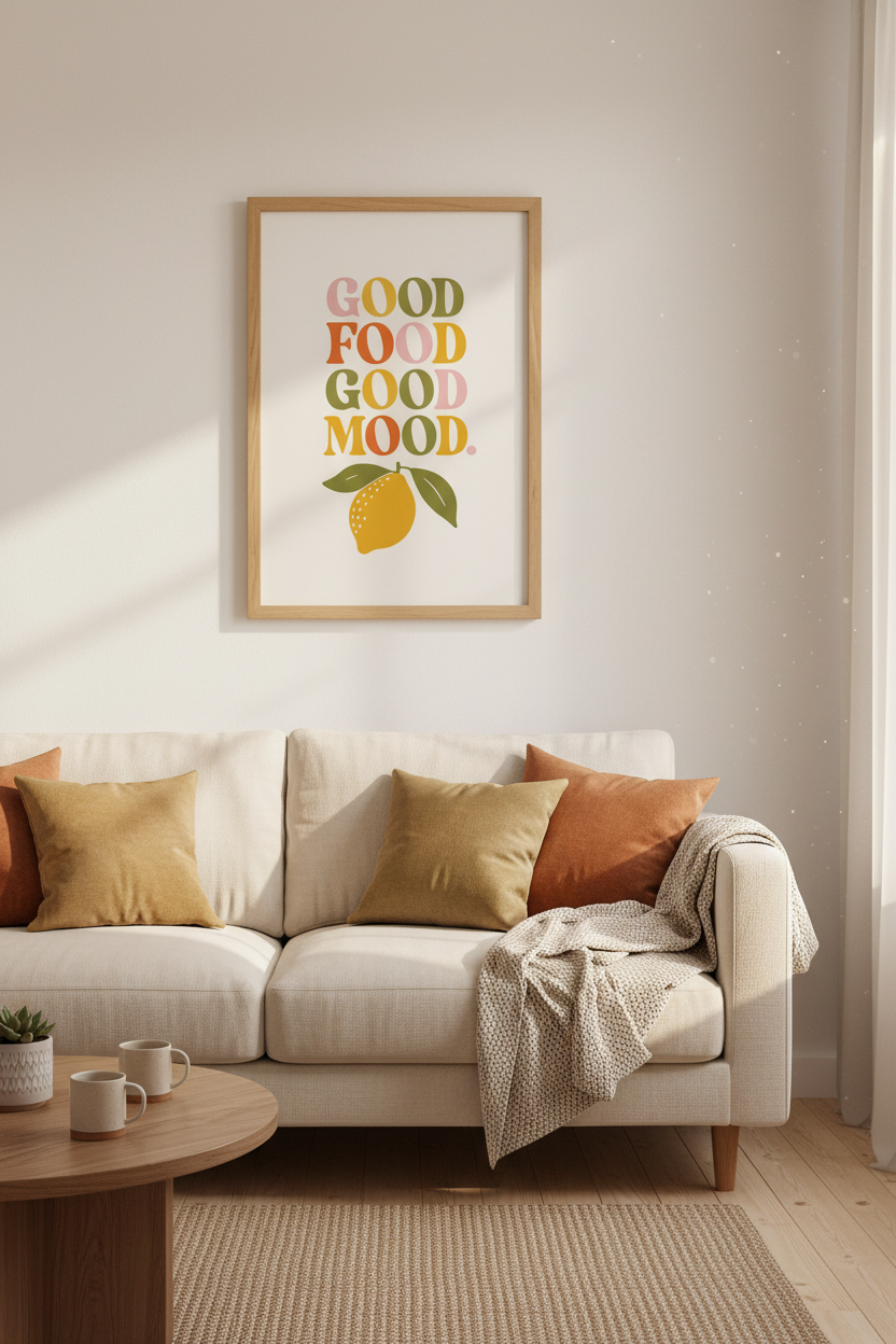 Good Food Good Mood Kitchen Wall Art | Retro Lemon Poster, Colorful Dining Room Decor