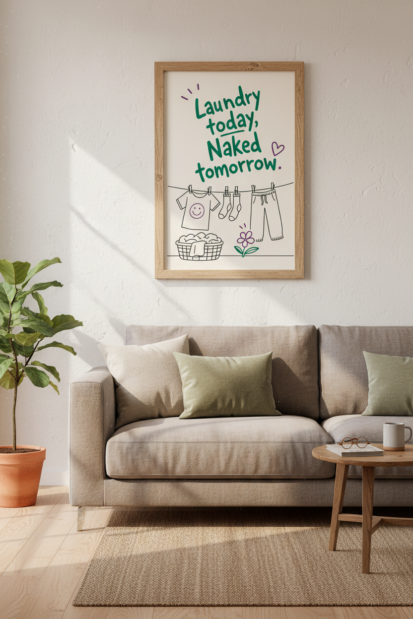 Laundry Today Naked Tomorrow Wall Art | Green & Purple Funny Poster | Laundry Room Decor